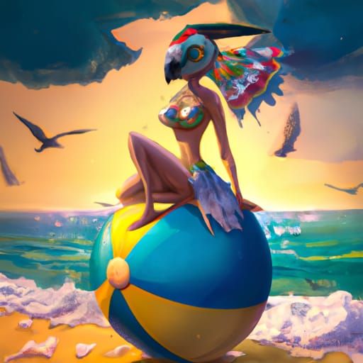 Anthro Bird on Beach Ball: Digital Matte Painting