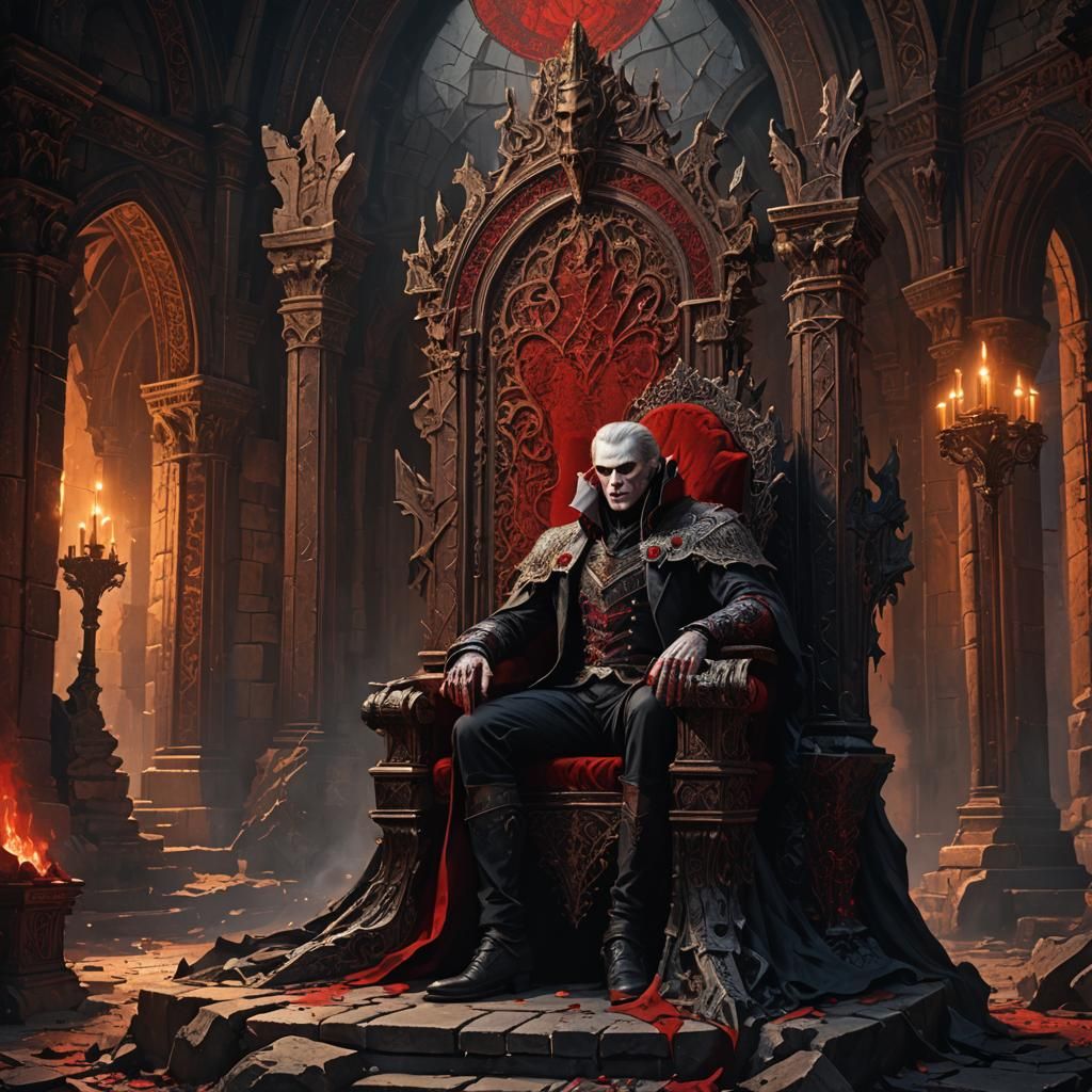 Vampire Lord on Ornate Throne in Gothic Castle