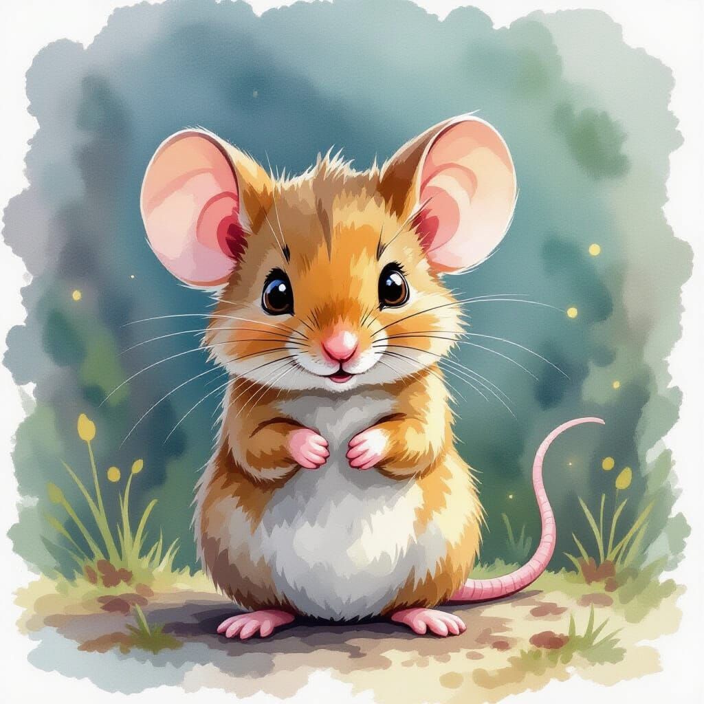Shy Mouse in Watercolor Fantasy Art