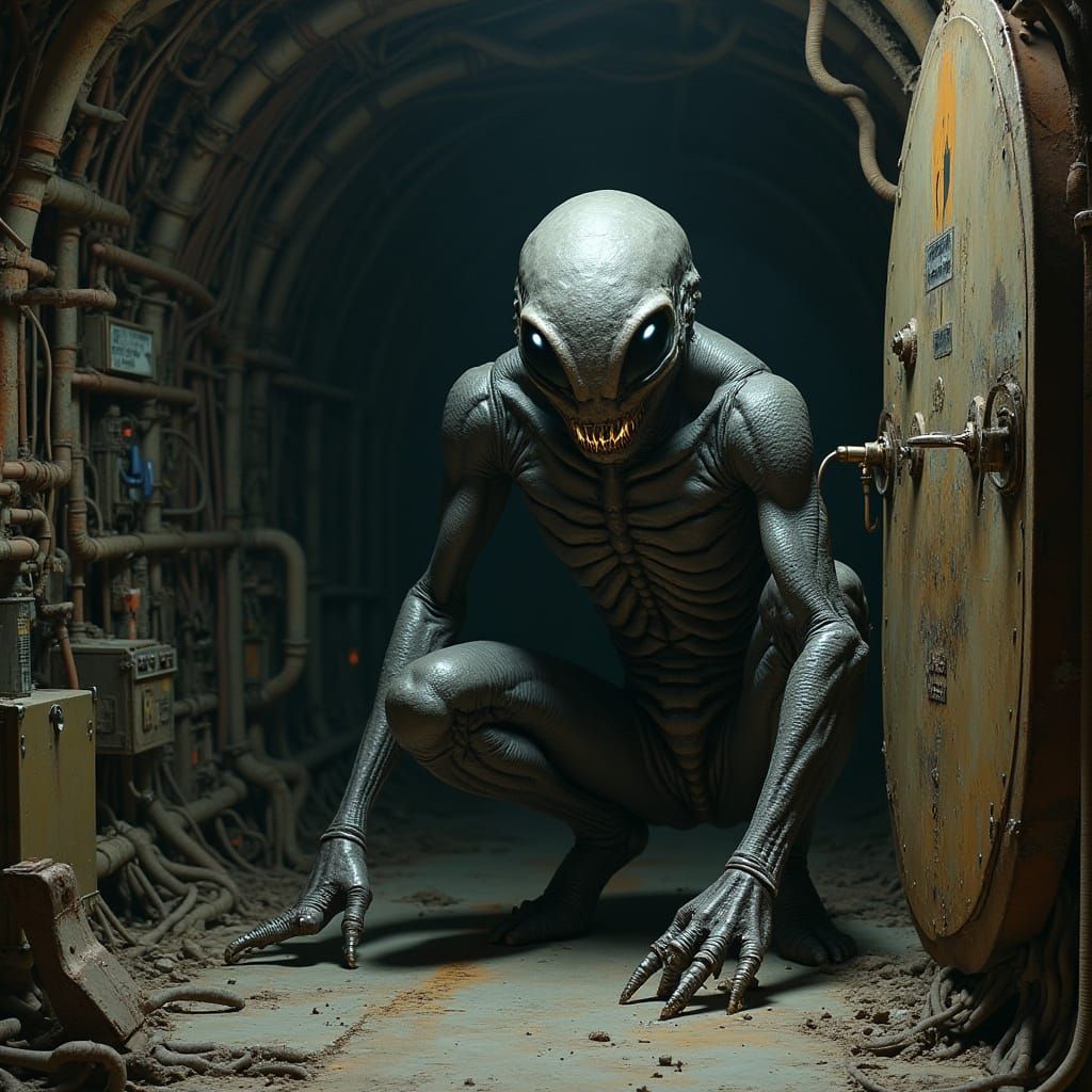 Insectoid Humanoid in Dark Biomechanical Tunnel