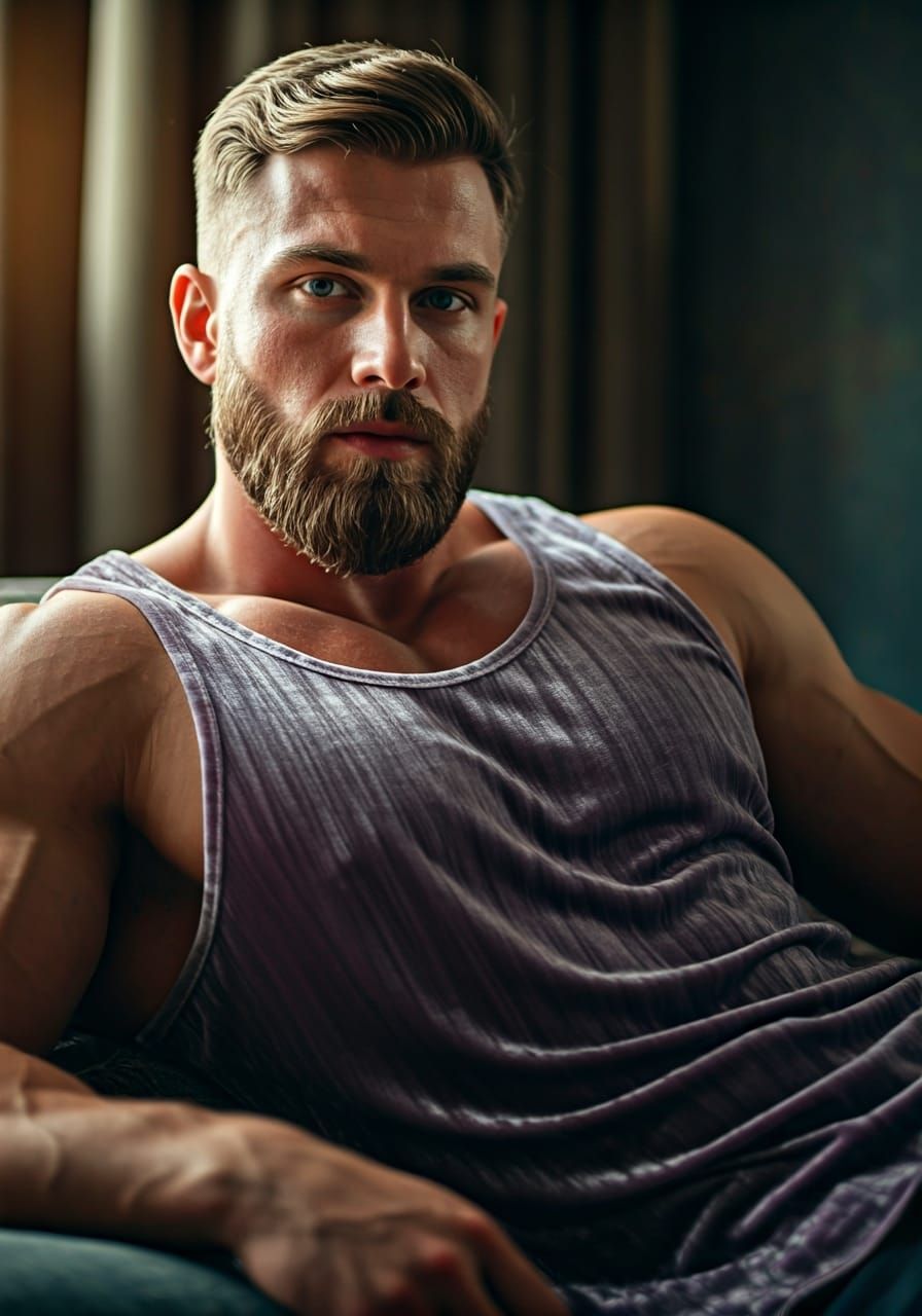 Muscular Man in Velvet Tank Top: Golden Hour Glow