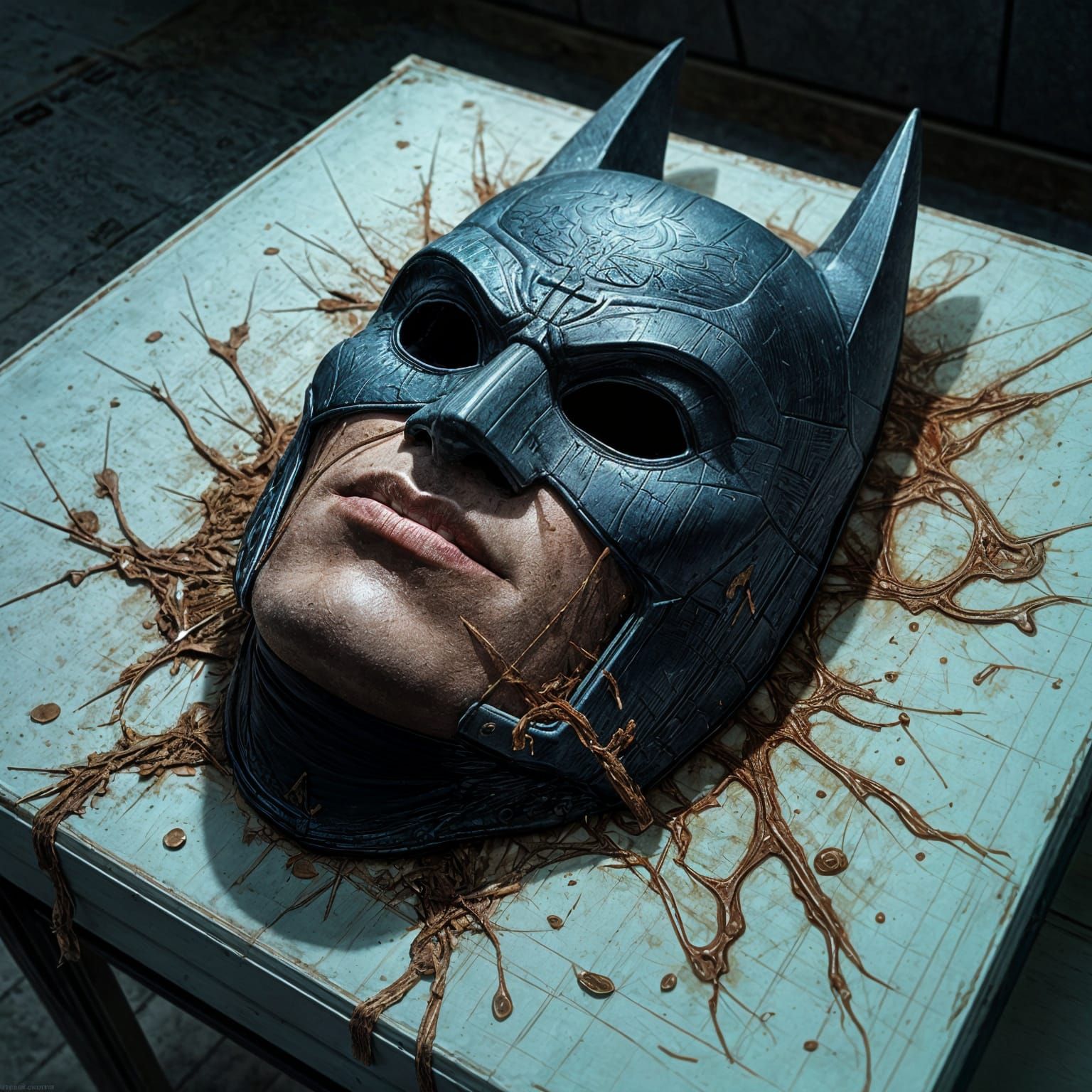 Defeated Batman Mask in Comic Book Art Style