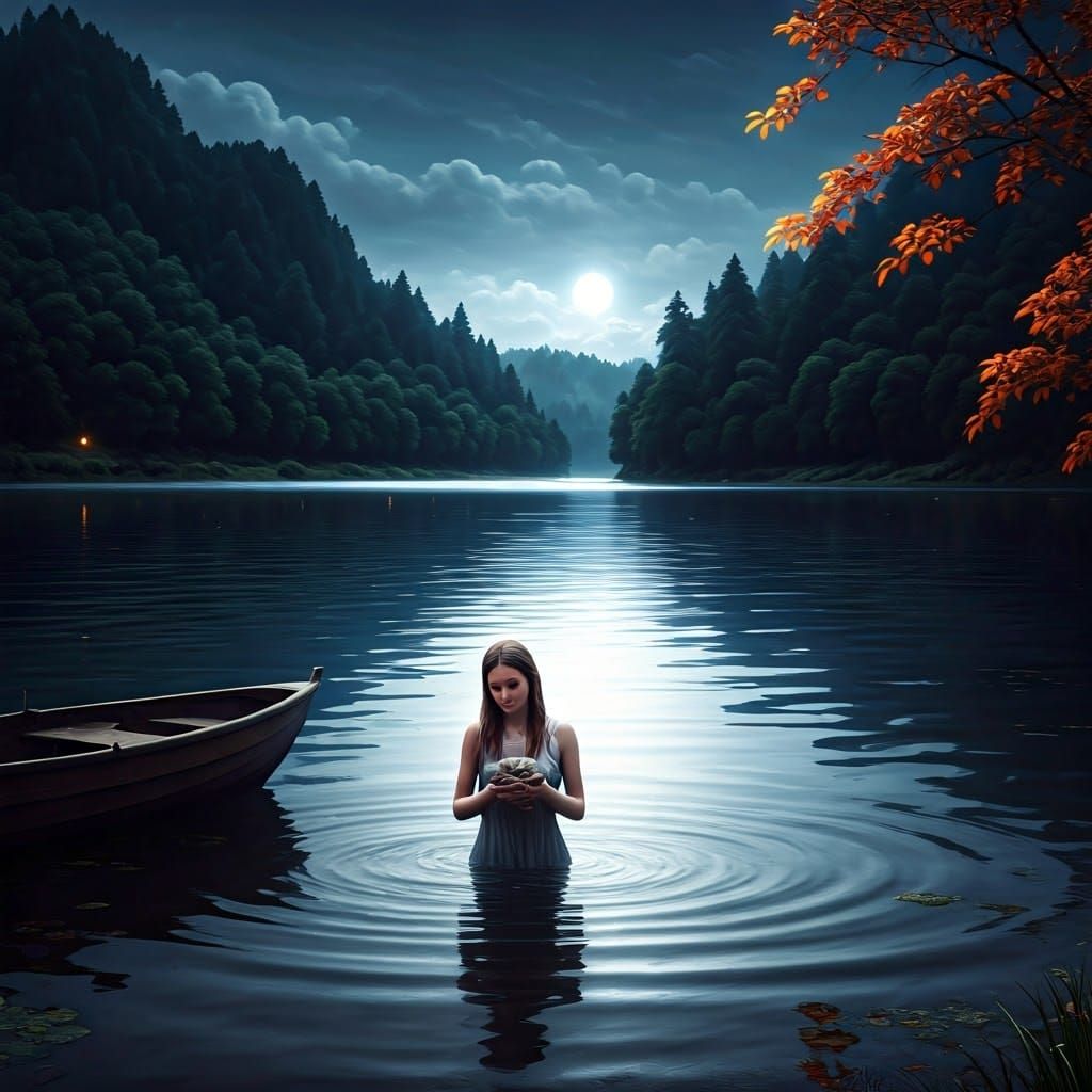 Moonlit Lake: Woman with Clay in Matte Painting Style