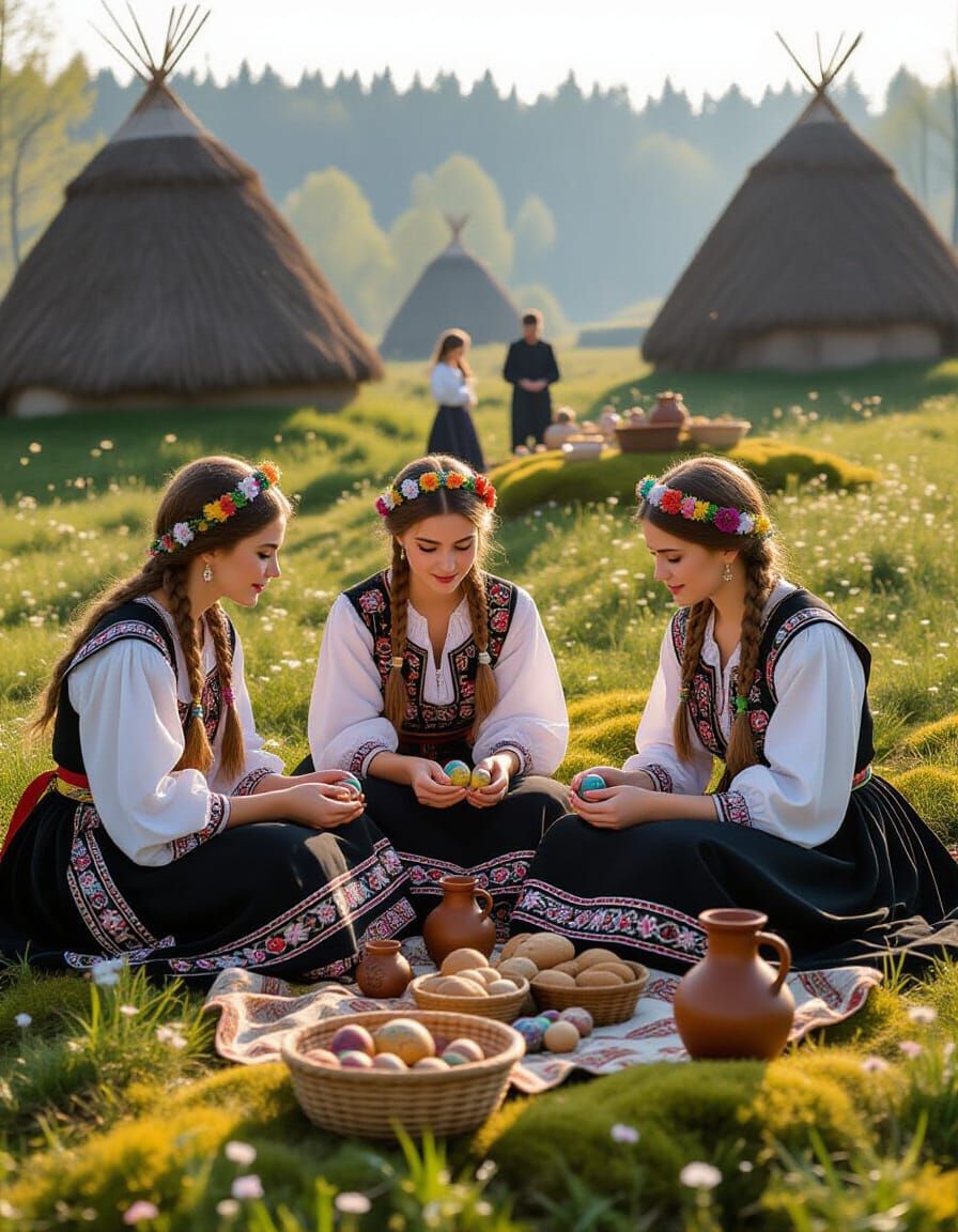 Slavic Spring Feast with Ancestral Offerings in Photorealist...