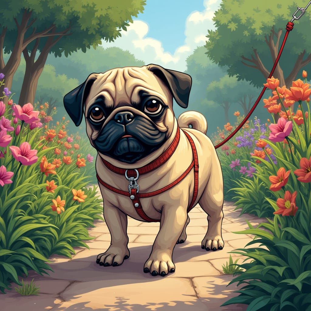 Pug's Garden Walk: Realistic Orthographic View
