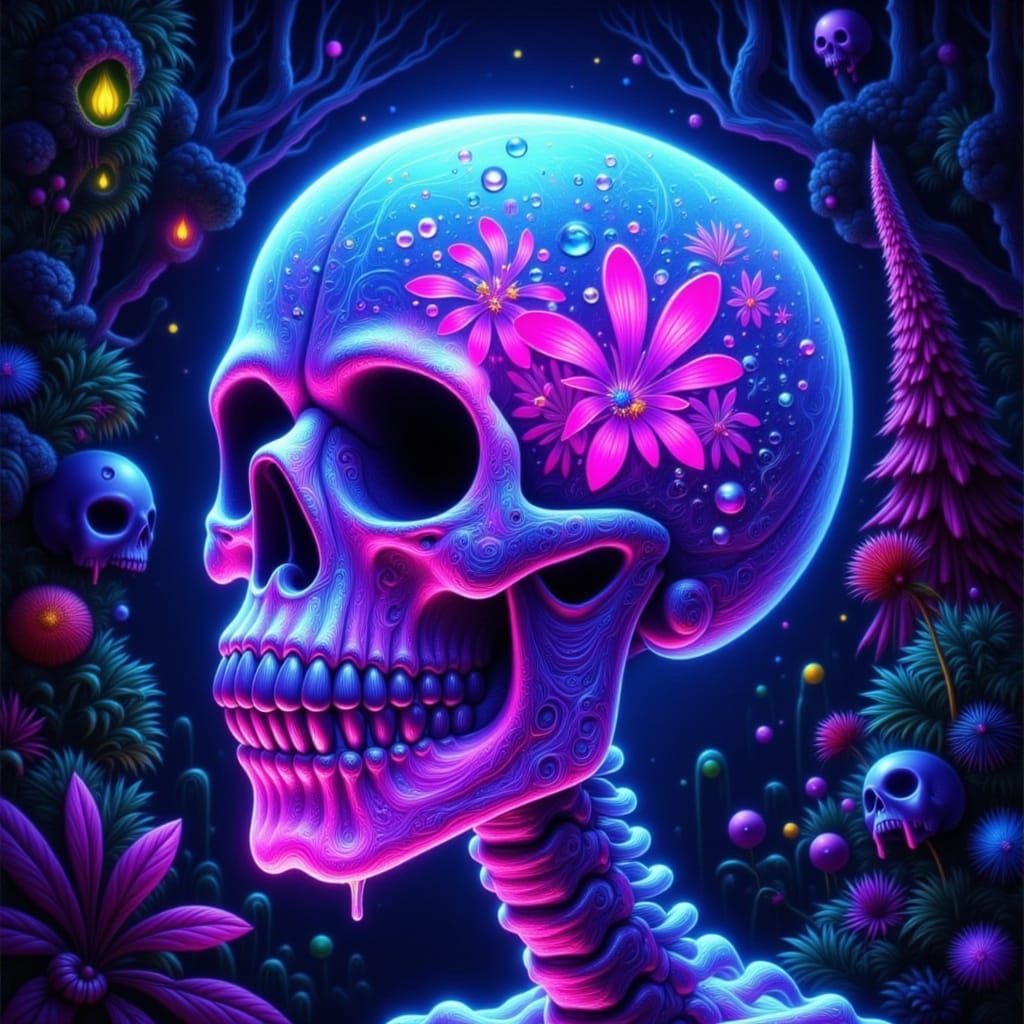 Crystal Skeleton with Glowing Drink Head in Surreal Forest