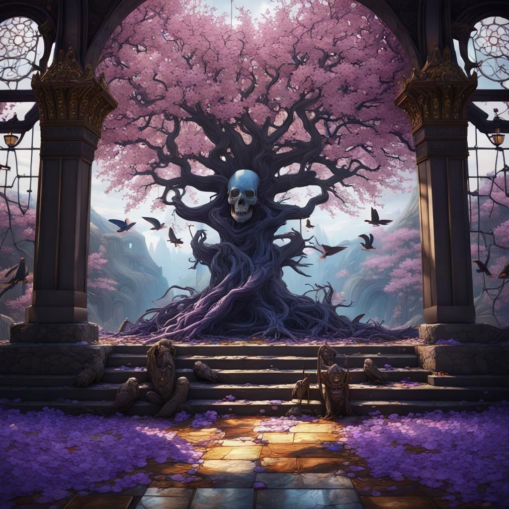 Fantastical Overlord God with Cherry Blossom Trees