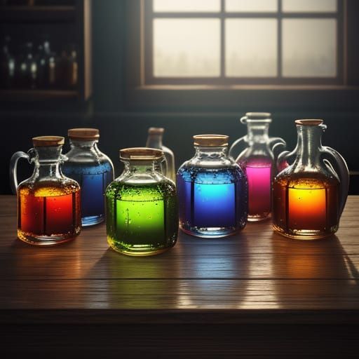Magical Potions on a Wooden Shelf