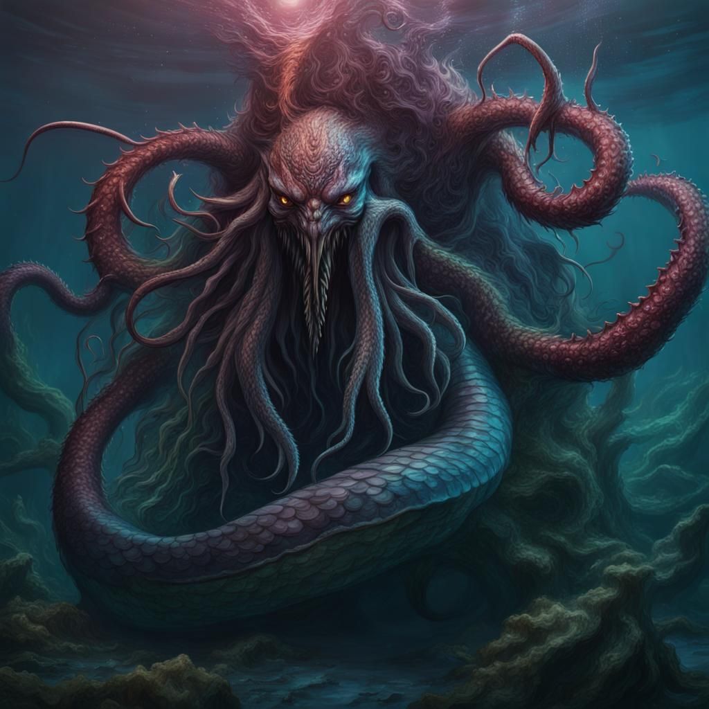 Demonic Eldritch Kraken Mermaid in Detailed Matte Painting