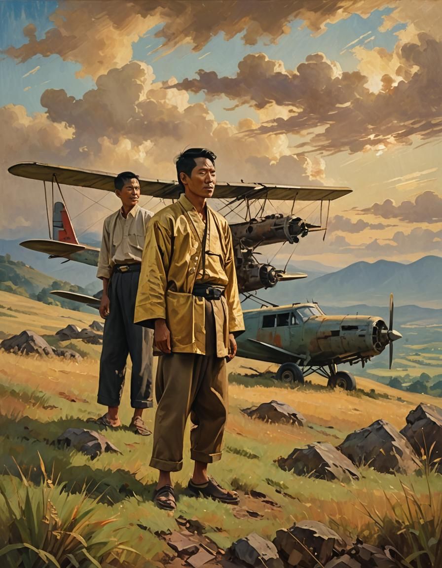 Thai Men with Airplane, Impressionist Oil Painting