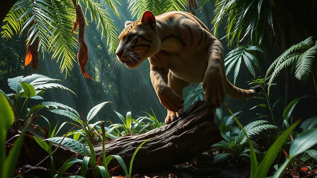 Sabertooth Predator Stalks Through Primordial Jungle