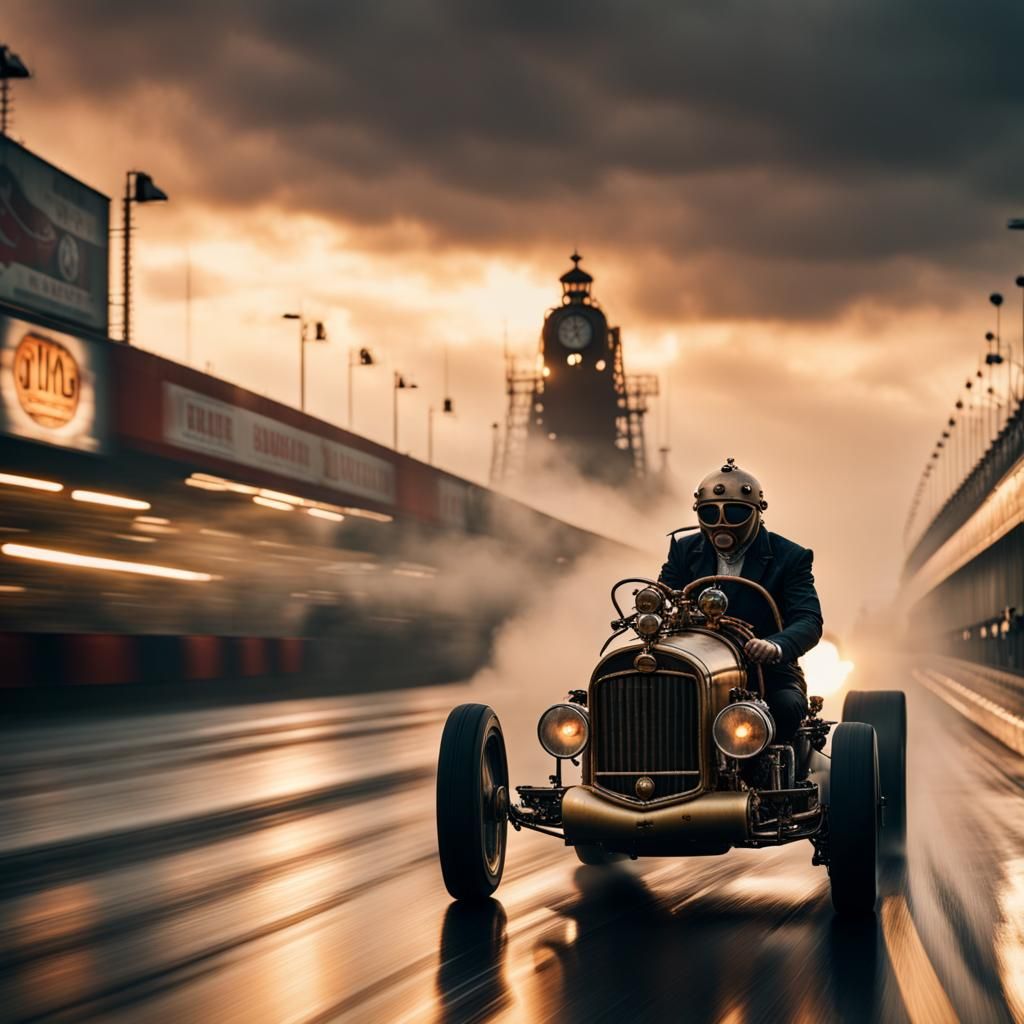 Steampunk Drag Race at Sunset in Cinematic 8k