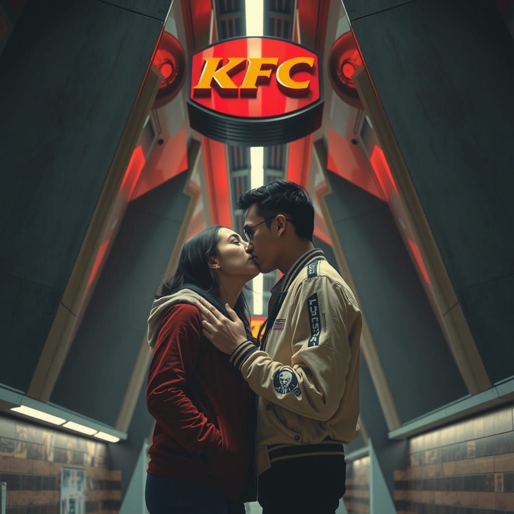 Couple's Intimate Moment in Brutalist KFC