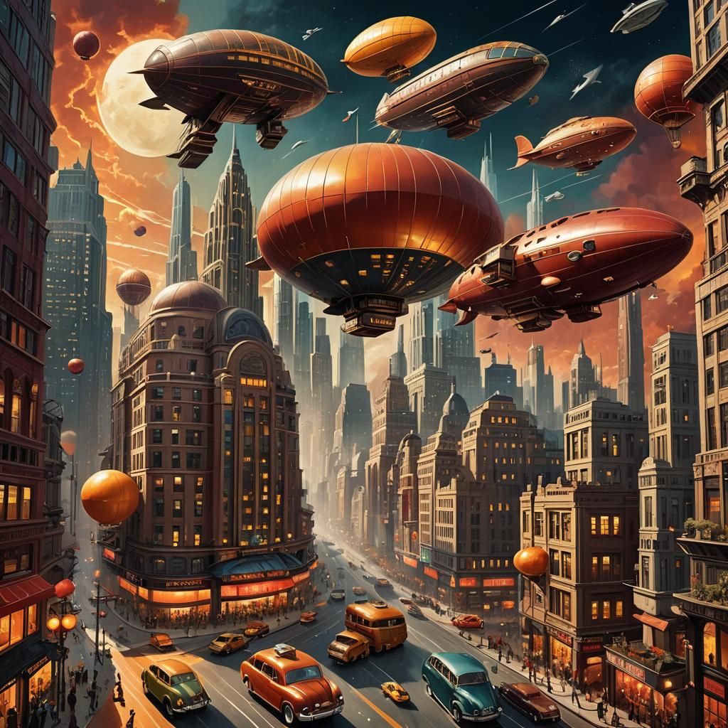 Retro-Futuristic Cityscape in 1940s Illustration Style