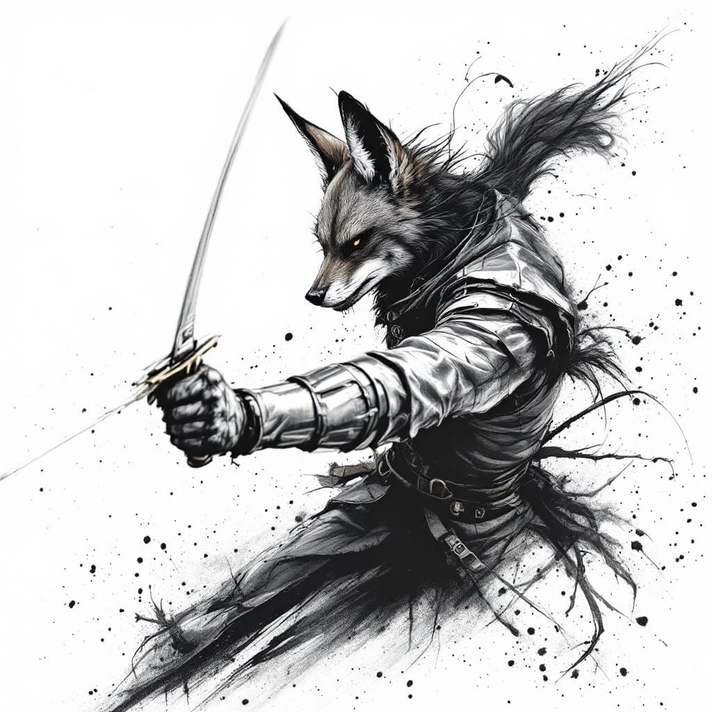 Anthropomorphic Jackal in Fencing Stance as Charcoal Drawing