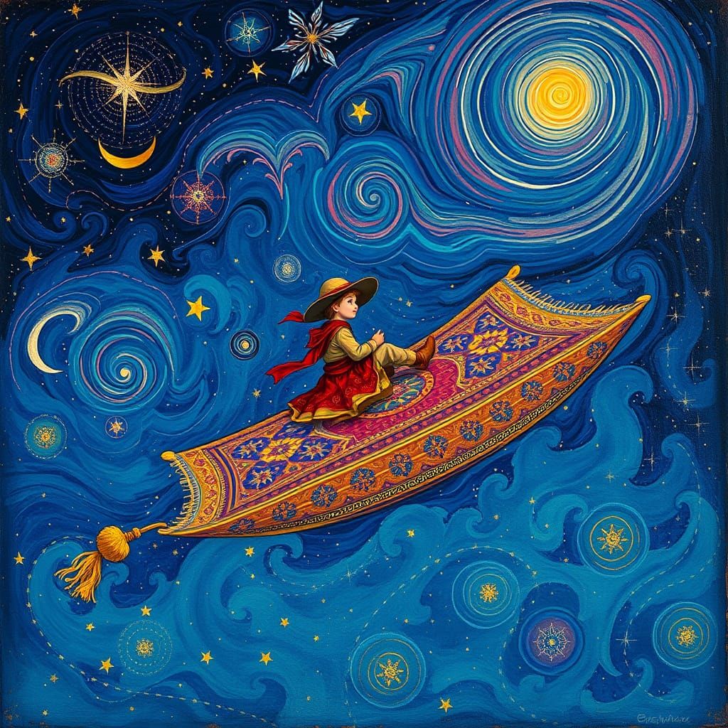 Majestic Magic Carpet Soars Through Starry Night Sky in Whim...