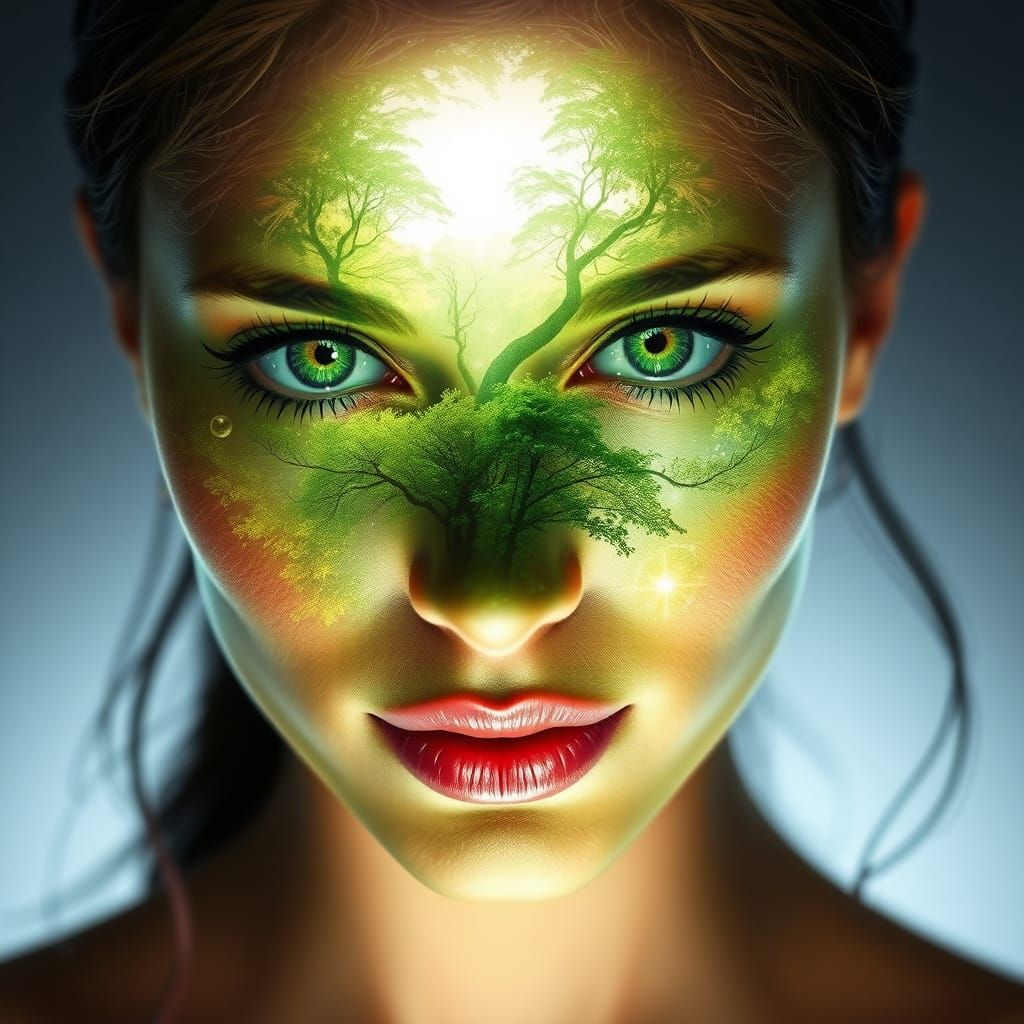 Ethereal Double Exposure of a Beautiful Woman's Face