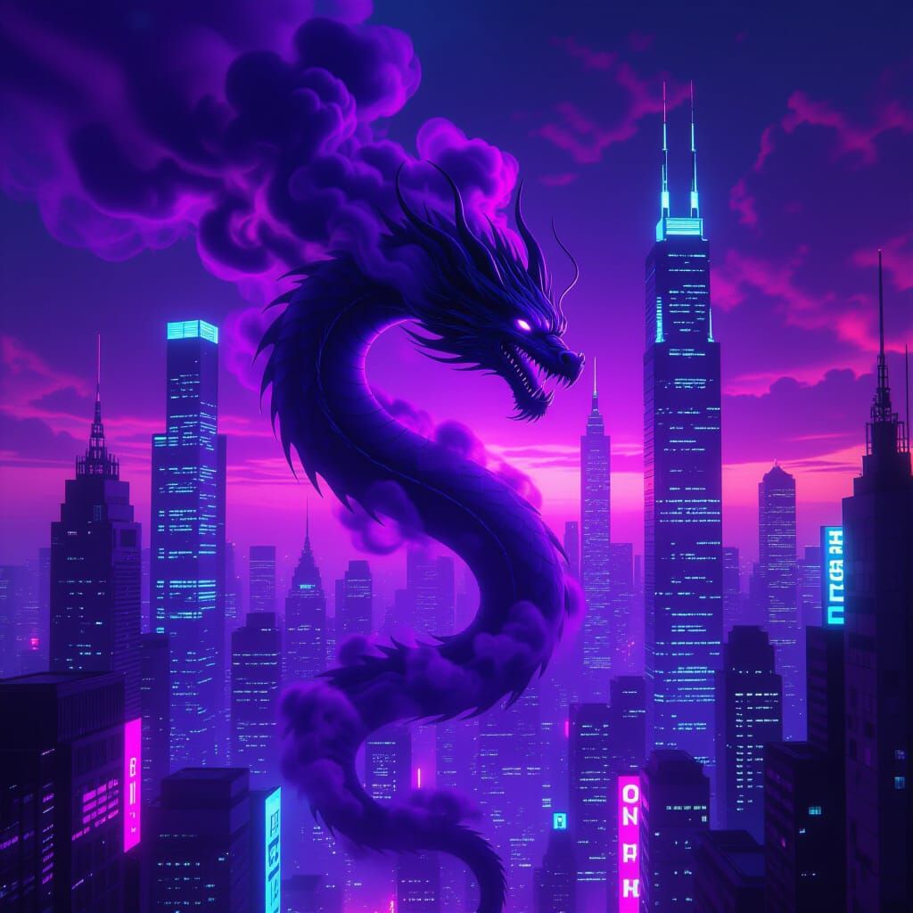 Cyberpunk Dragon's Breath: Purple Smoke Cityscape