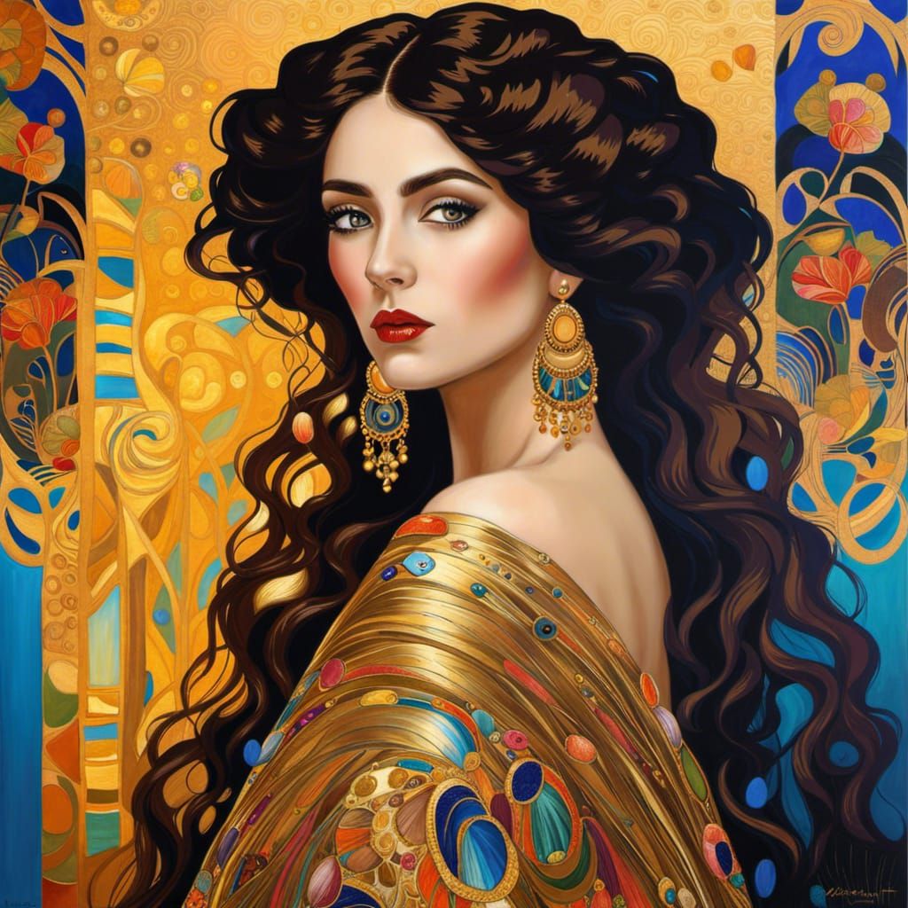 Gold Accented Portrait in Art Nouveau Style