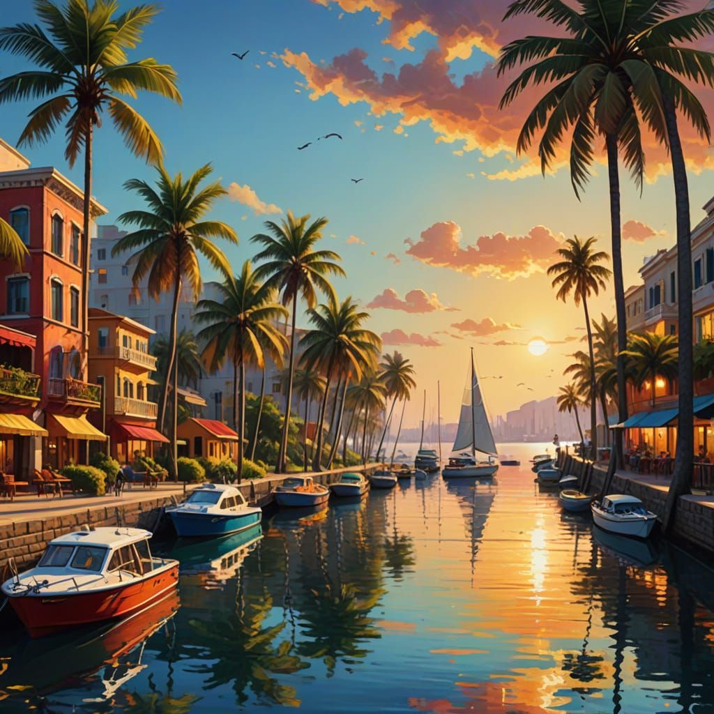 Coastal Cityscape Oil Painting with Golden Hour Lighting