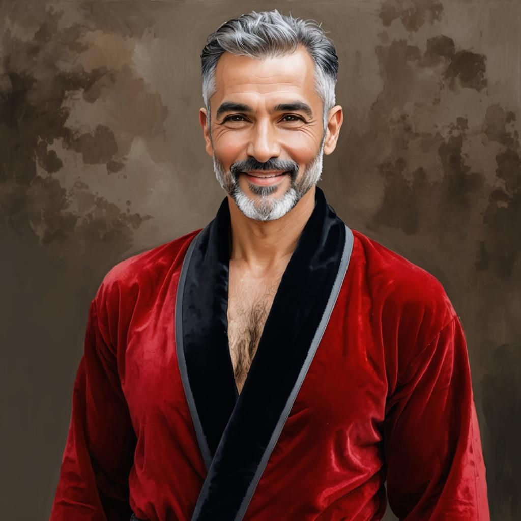 Joyful Man in Red Velvet Robe, Impasto Oil Painting