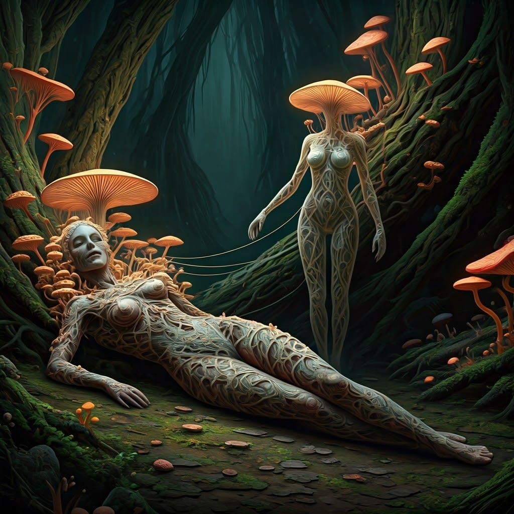 Maiden Consumed by Glowy Mycelium in Dark Fantasy Art