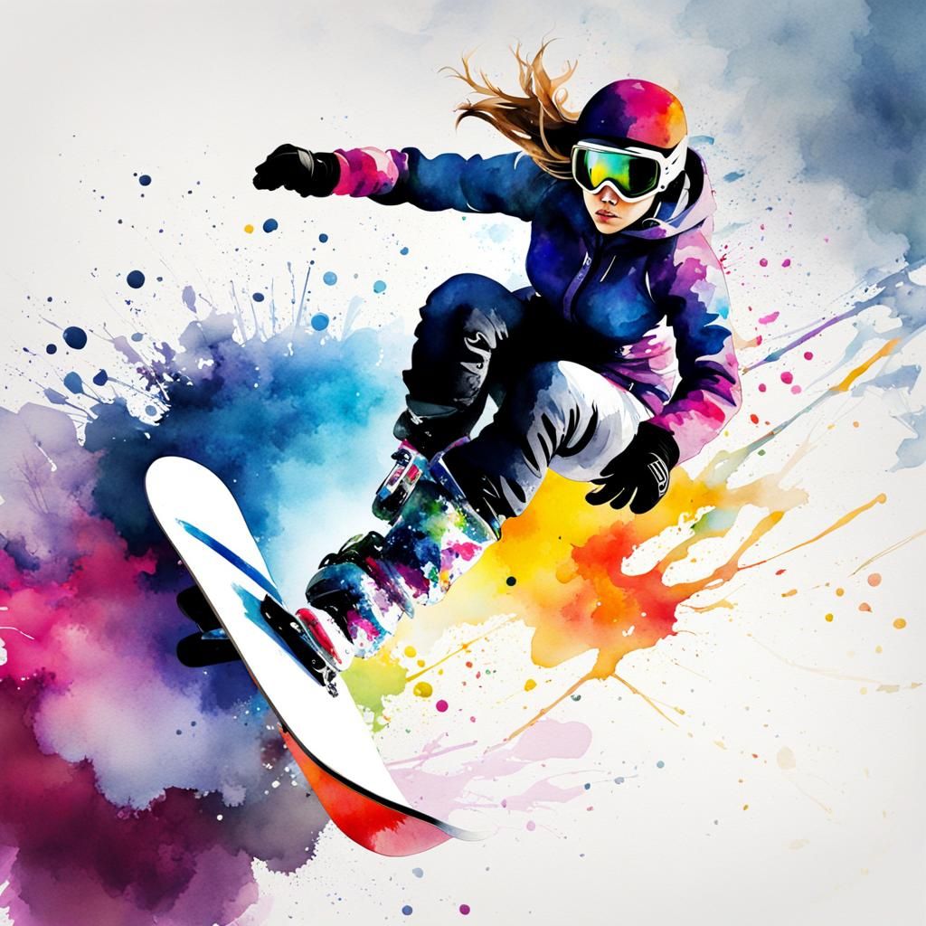 Woman Snowboarding in Watercolor Splash Art Style