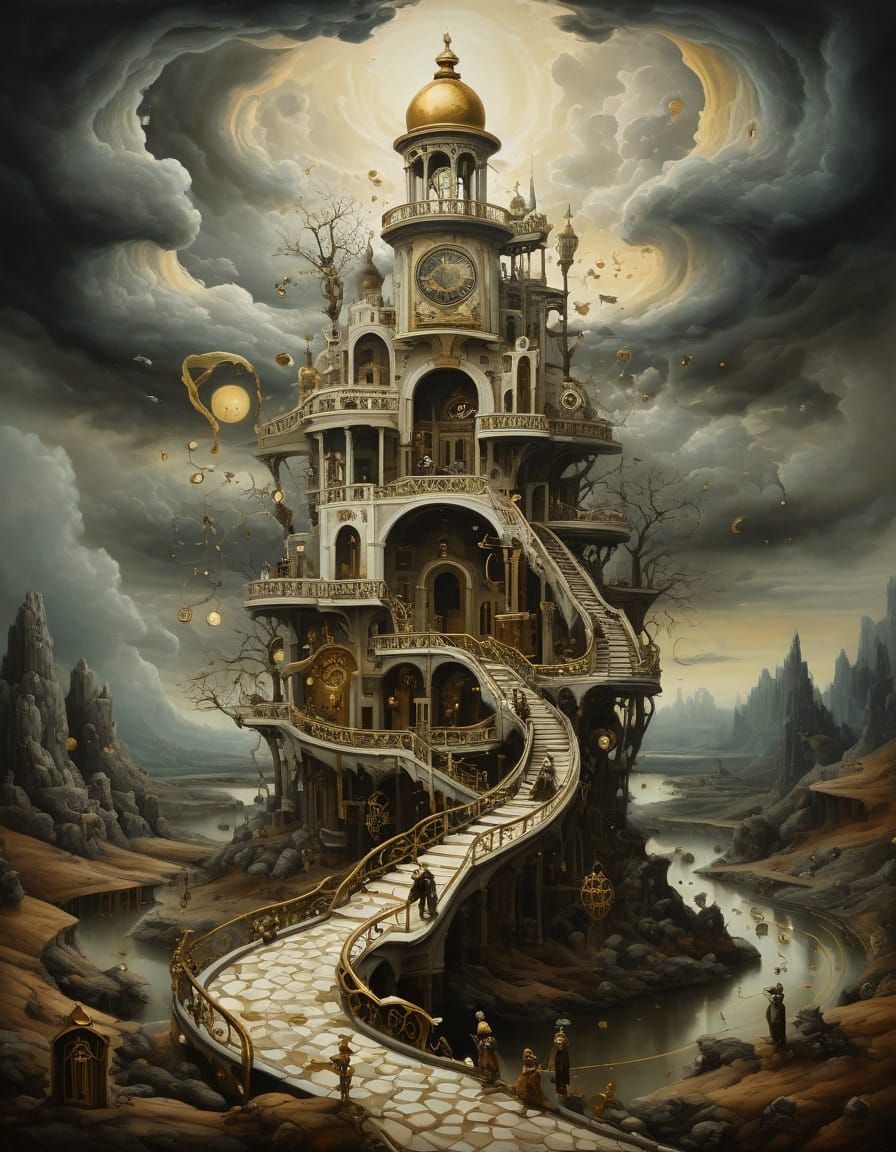 Impossible Escher Structure with Gears and Hourglass