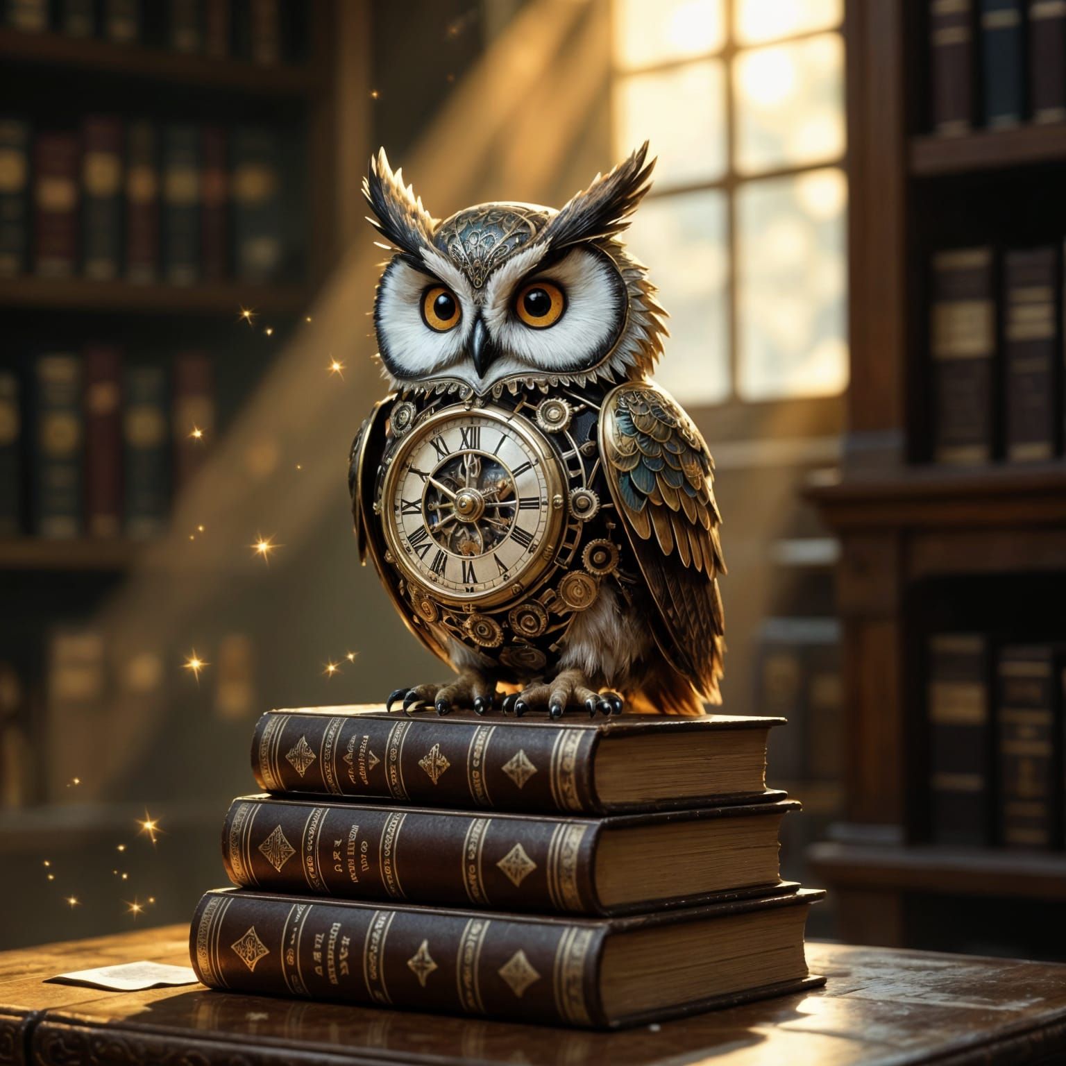 Clockwork Owl on Books in Cozy Library