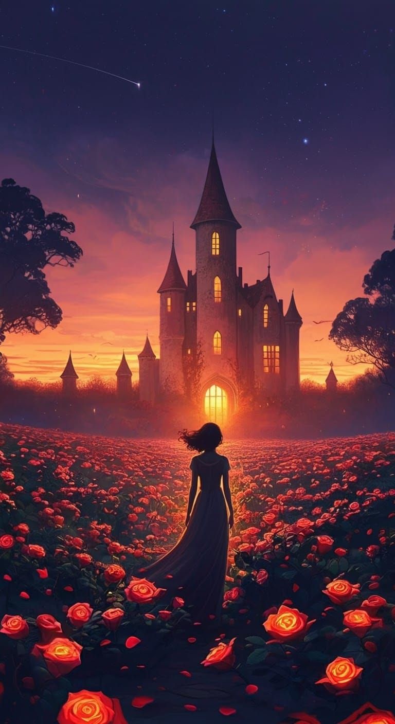 Mystical Woman at Castle in Rose Field