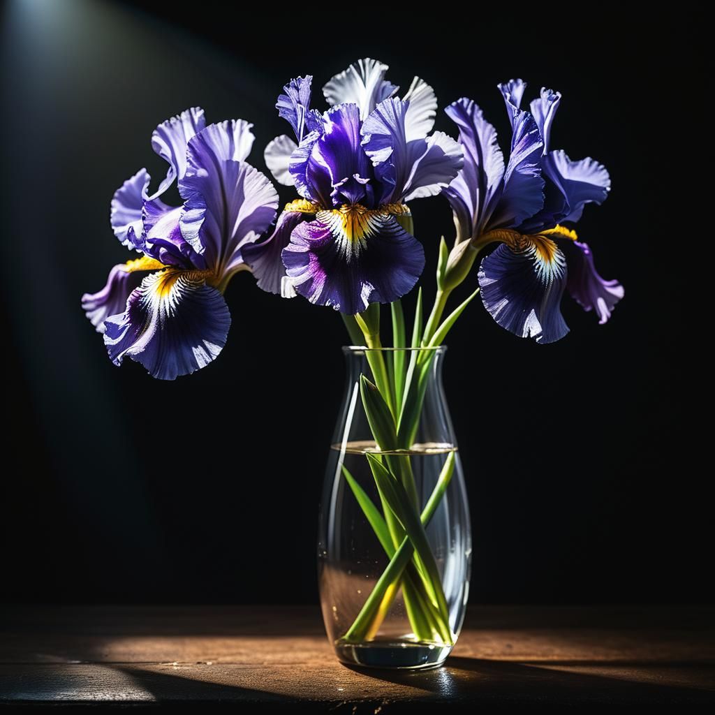 Hyperrealistic Irises in Glass Vase with Cinematic Lighting