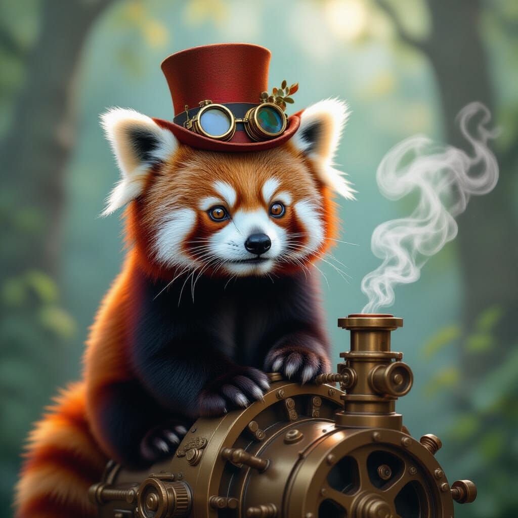 Steampunk Red Panda on Brass Contraption in Fantasy Forest