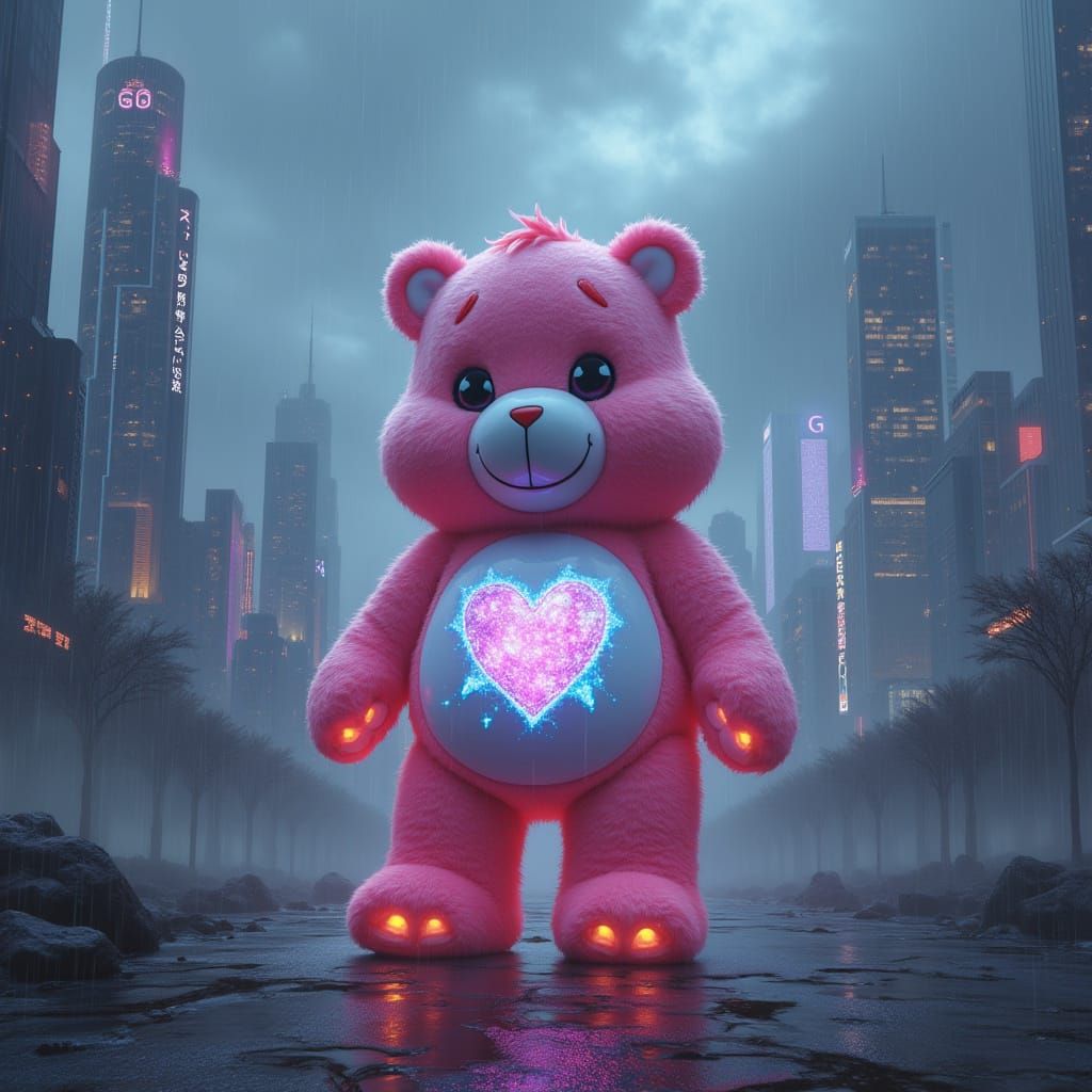 Surreal Care Bear Illuminates Neon Metropolis in Iridescent ...
