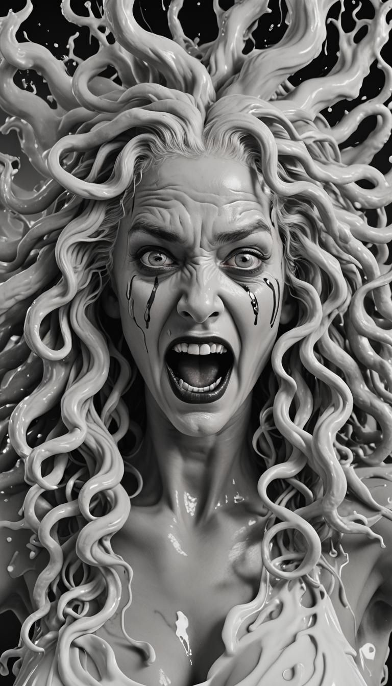Monochrome Portrait of Screaming Medusa in Milk