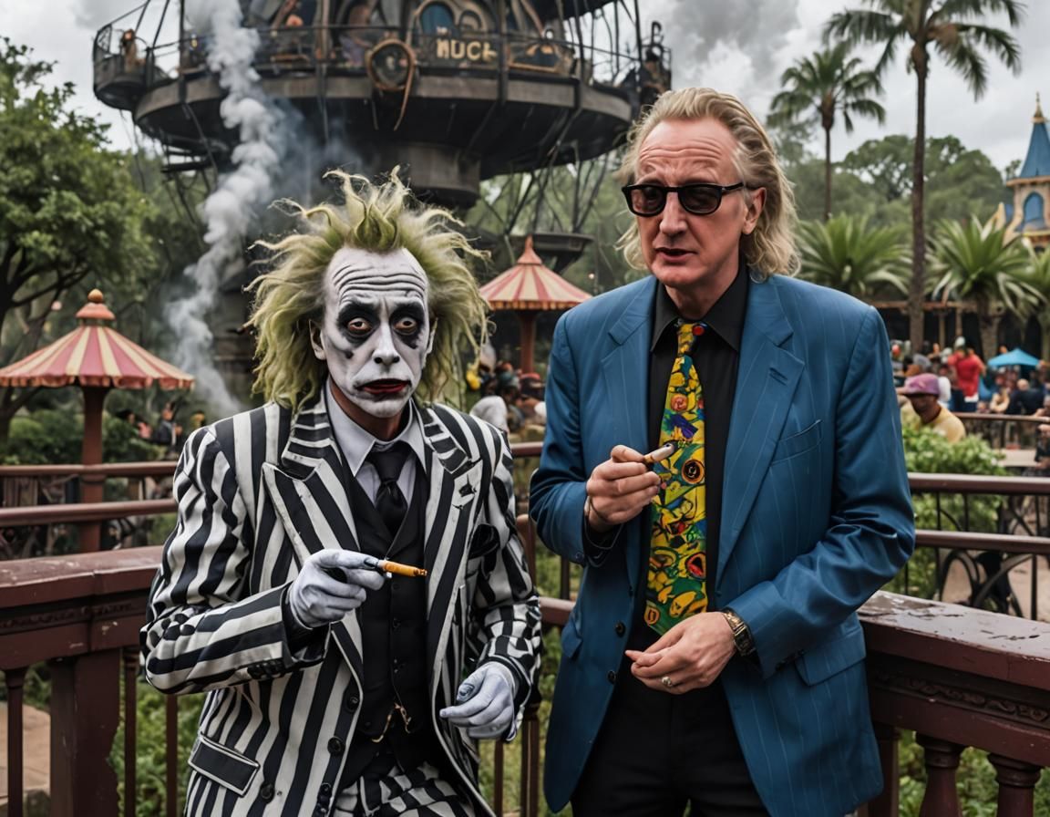Nicholas Cage as Beetlejuice smoking a joint with Bill Maher...