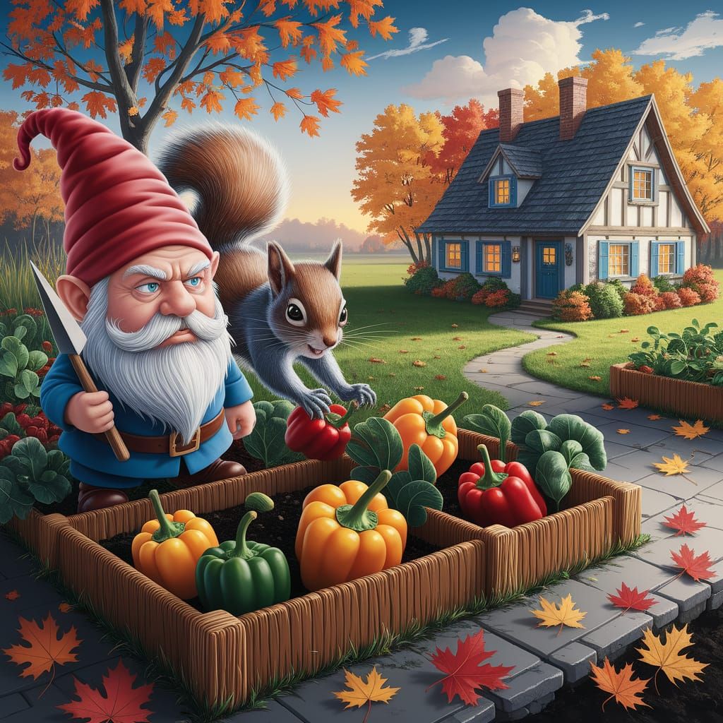 Mischievous Squirrel vs. Stern Gnome in Chiaroscuro Painting