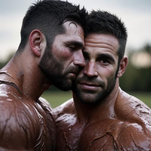 Rugby Players Celebrate Victory with a Kiss