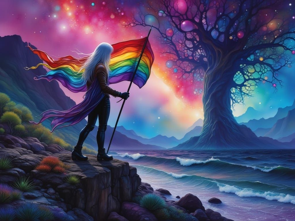 Goth Man on Cliff with Pride Flag Under Aurora