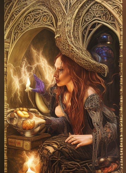Young Witch Cooking Spell in Gothic Kitchen