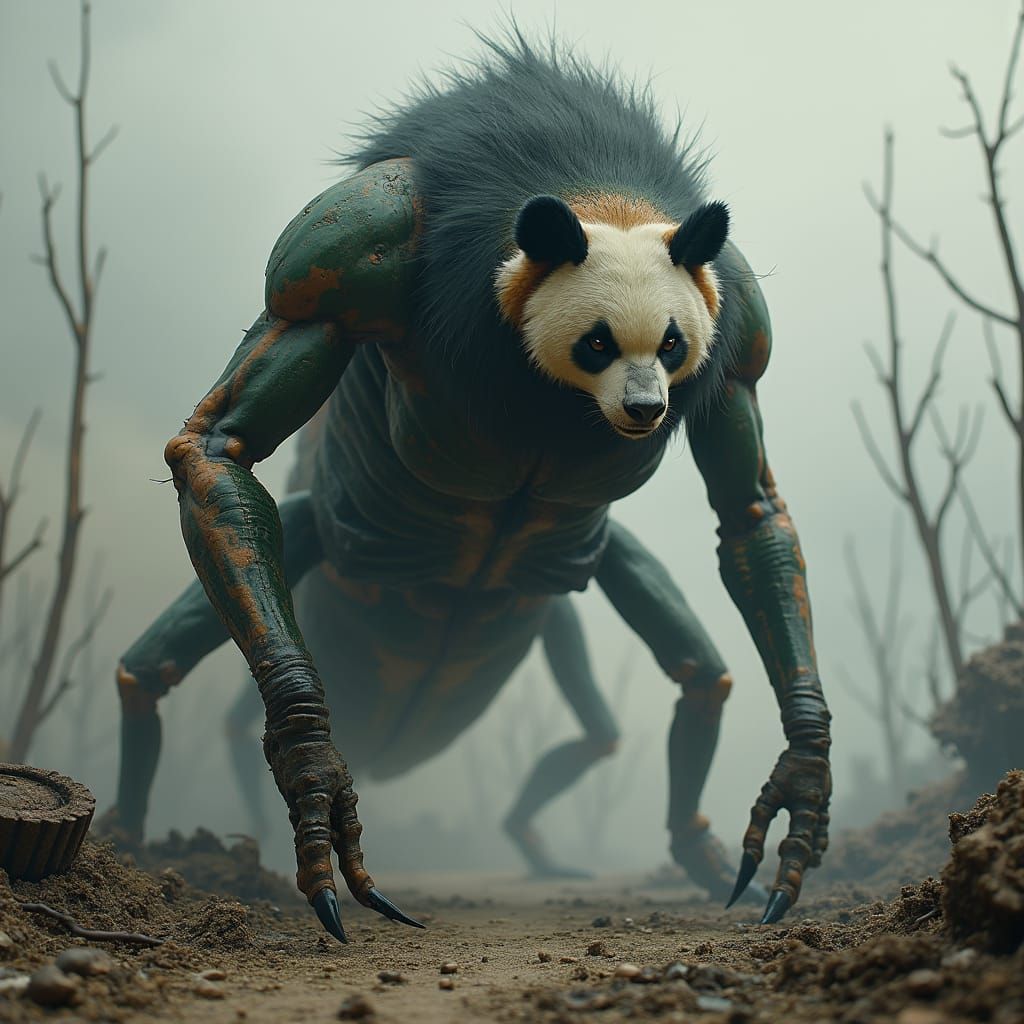 Imposing Panda-Mantis Hybrid in Apocalyptic Wasteland