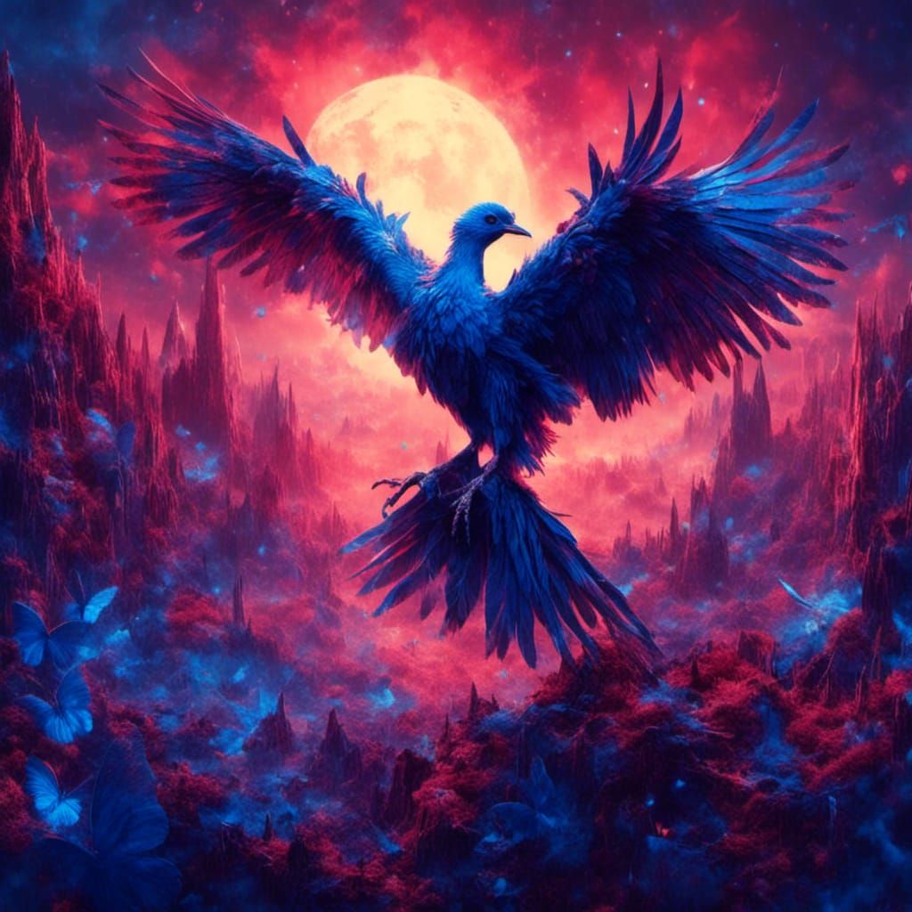 Giant Blue Lightning Bird Soaring in Fantasy Sky