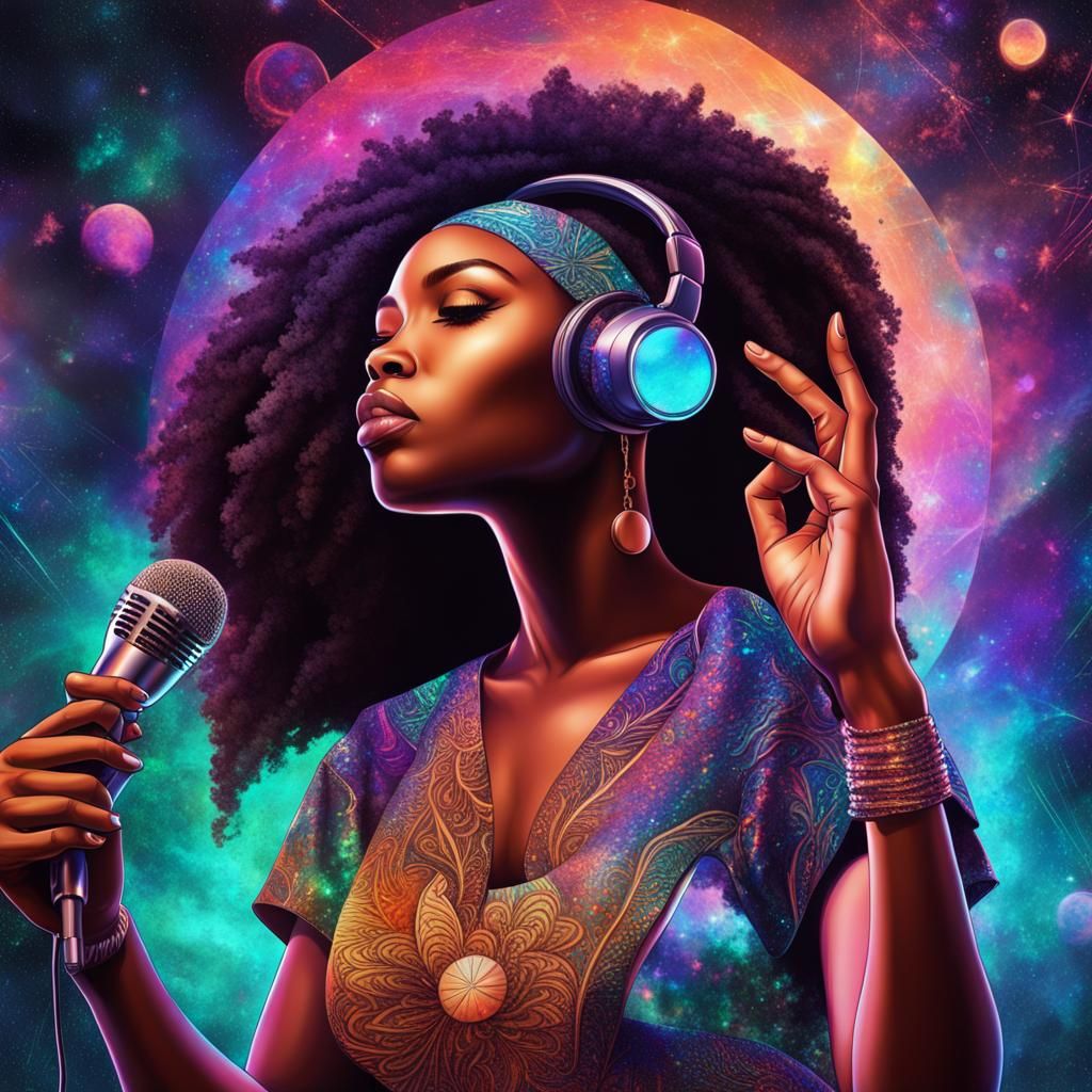 African American Woman with Microphone: Astral Illustration
