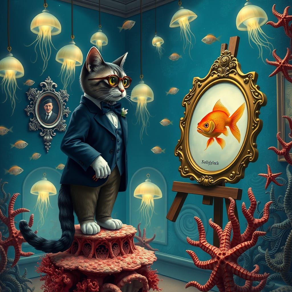Elegant Cat Painter in Enchanted Underwater Gallery