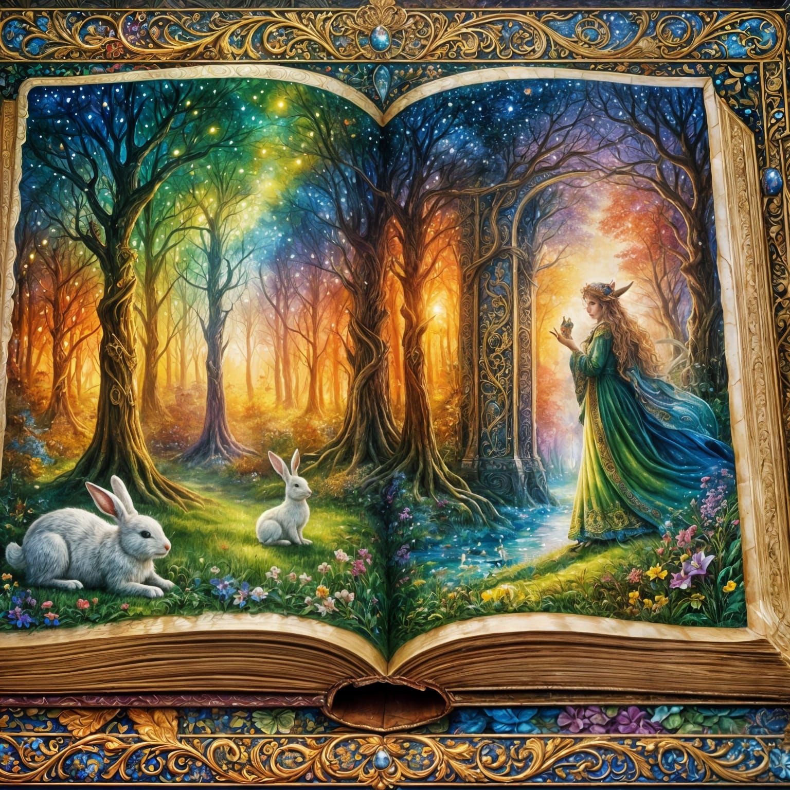Magical Forest Arising from Book, Josephine Wall Style