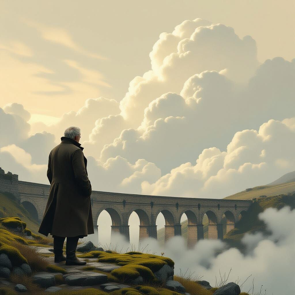 Contemplative Man on Cliff with Aqueduct, Romanticism Style