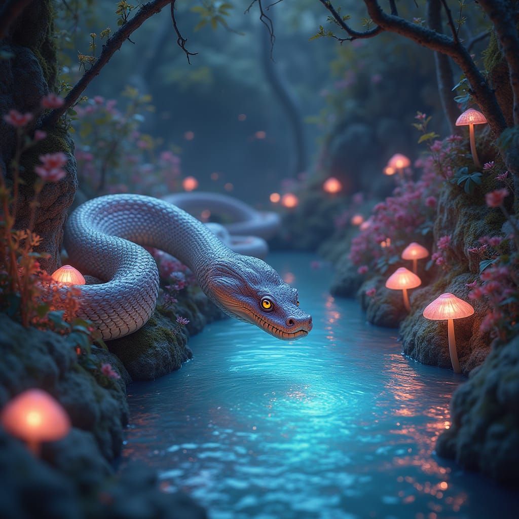 Opalescent Snake in Bioluminescent Grotto: Fairy Tale Scene