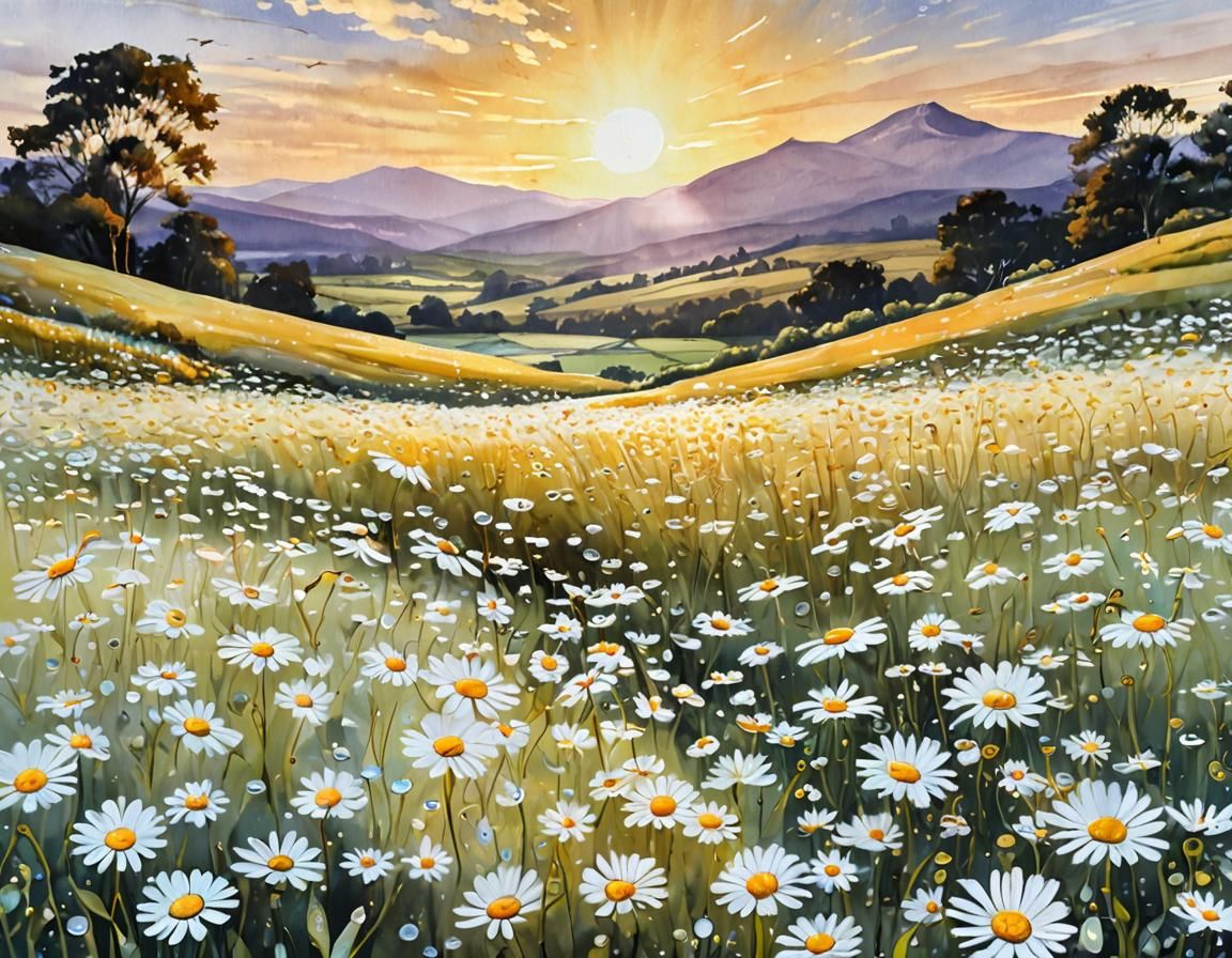 Daisies Under Setting Sun in Watercolor