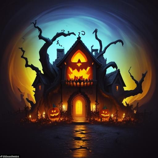 Surreal Glowing Jack-O'-Lantern Beside Dark Doorway