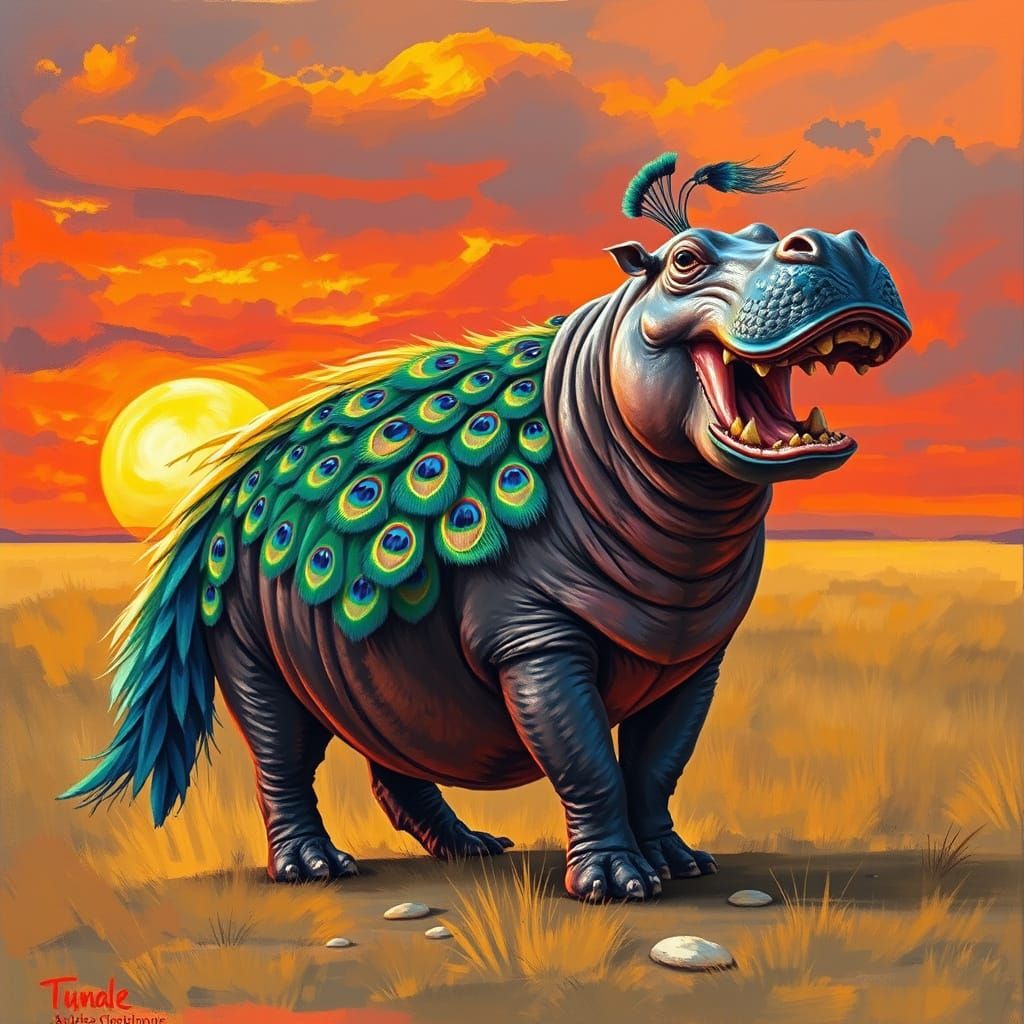 Majestic Feathered Hippo in Sunset Savanna