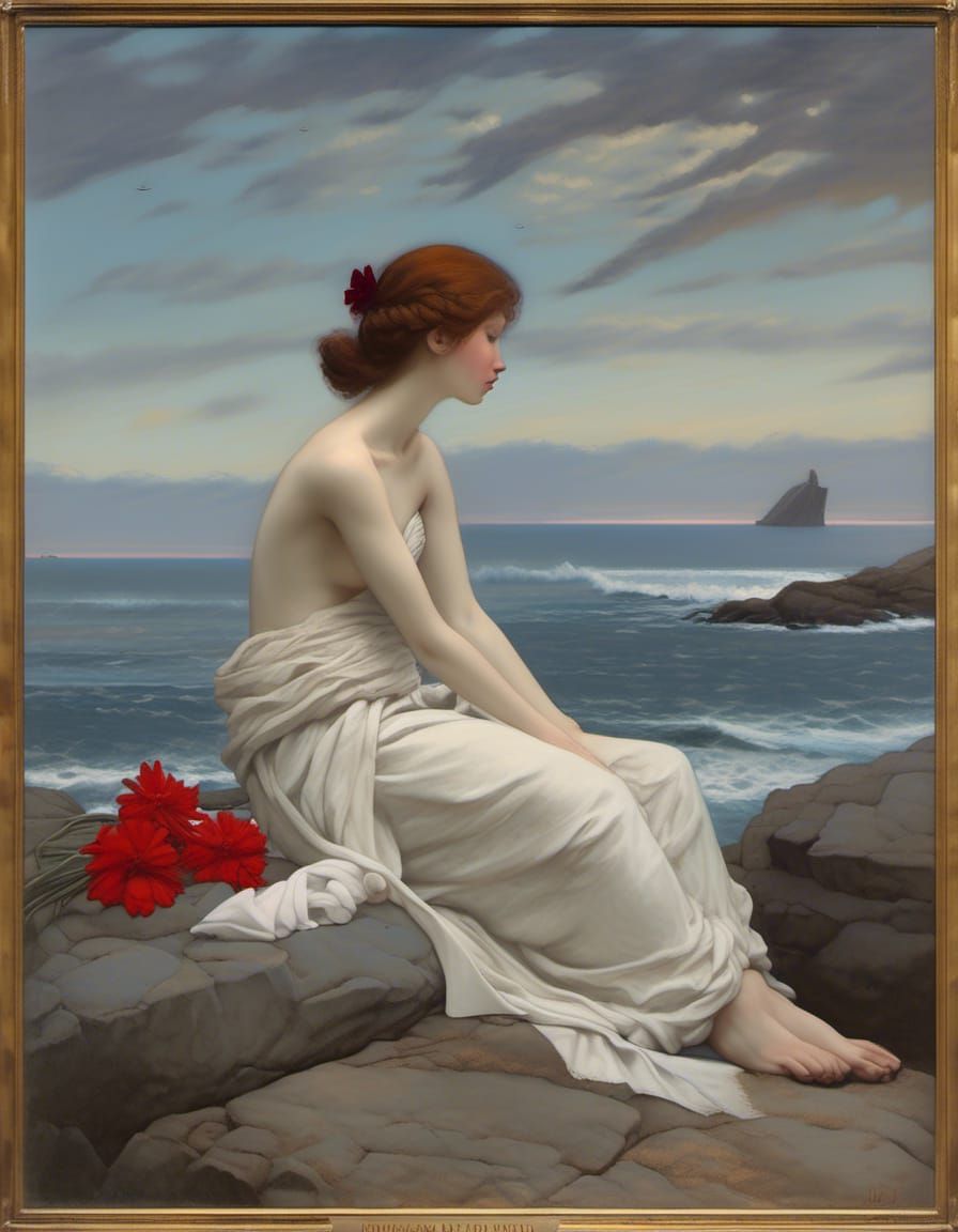 A young woman seated on a rocky shore